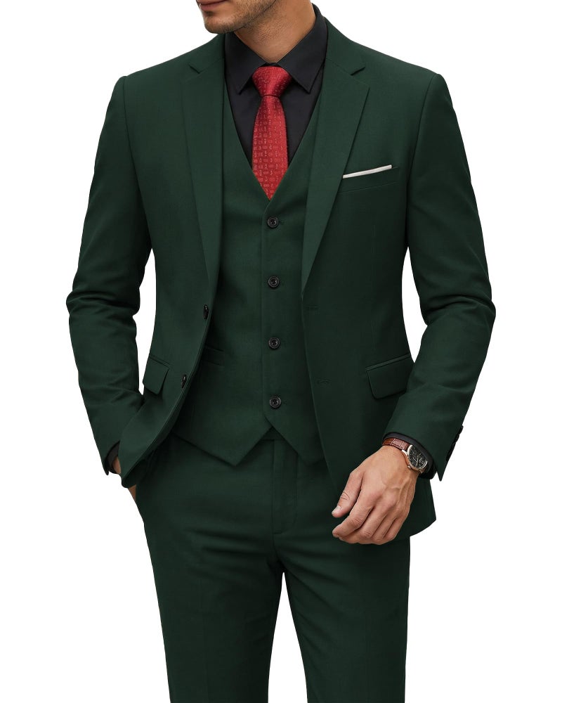 YND Men's 3 Piece Suit Set with Tie, 2 Button Slim Fit Solid Blazer Jacket Vest Pants, Business Wedding Party Suits for Men, Deep Green - Image 1